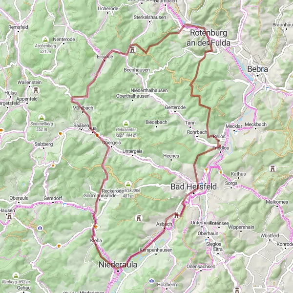 Karten-Miniaturansicht der Radinspiration "Hügelland-Abenteuer durch die Region Rotenburg an der Fulda" in Kassel, Germany. Erstellt vom Tarmacs.app-Routenplaner für Radtouren