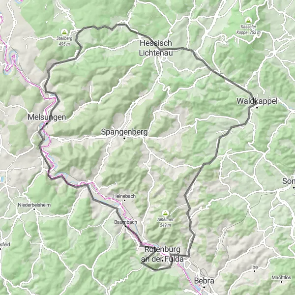 Karten-Miniaturansicht der Radinspiration "Tour durch die Hügellandschaft des Fulda-Tals" in Kassel, Germany. Erstellt vom Tarmacs.app-Routenplaner für Radtouren