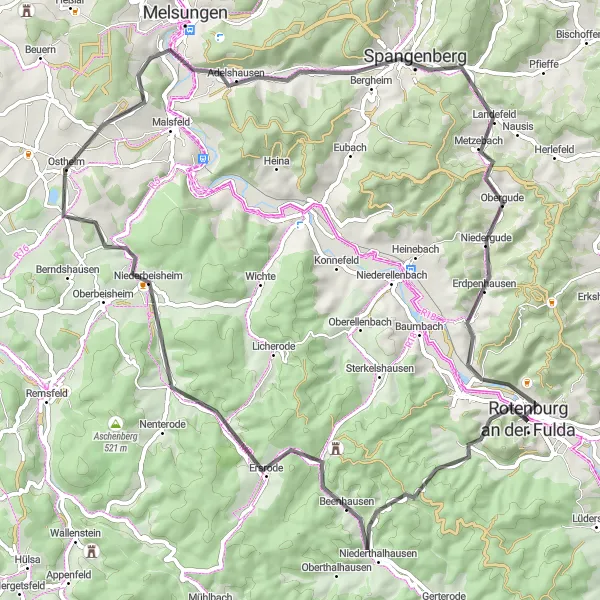 Karten-Miniaturansicht der Radinspiration "Rundfahrt um Rotenburg an der Fulda" in Kassel, Germany. Erstellt vom Tarmacs.app-Routenplaner für Radtouren