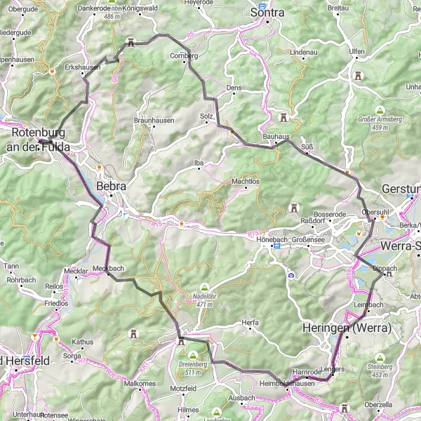 Map miniature of "The Feel of History: Kassel Road Cycling" cycling inspiration in Kassel, Germany. Generated by Tarmacs.app cycling route planner