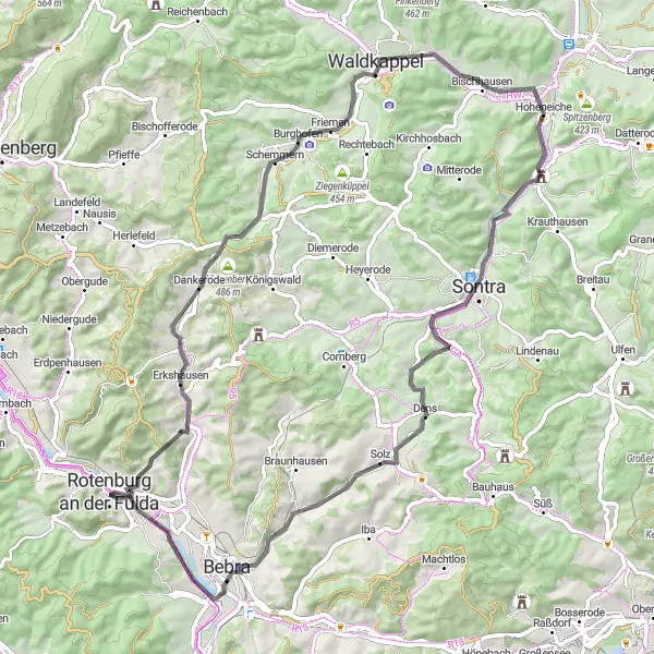 Map miniature of "Quaint Villages and Serene Countryside: Halbtagesausflug rund um Rotenburg" cycling inspiration in Kassel, Germany. Generated by Tarmacs.app cycling route planner