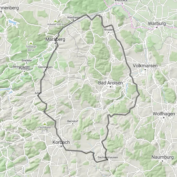 Map miniature of "Wolfhagen Loop" cycling inspiration in Kassel, Germany. Generated by Tarmacs.app cycling route planner