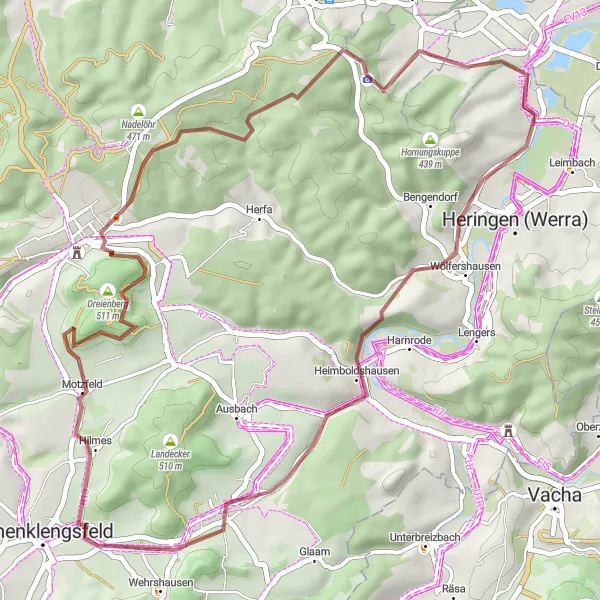 Map miniature of "Oberlengsfeld Gravel Adventure" cycling inspiration in Kassel, Germany. Generated by Tarmacs.app cycling route planner