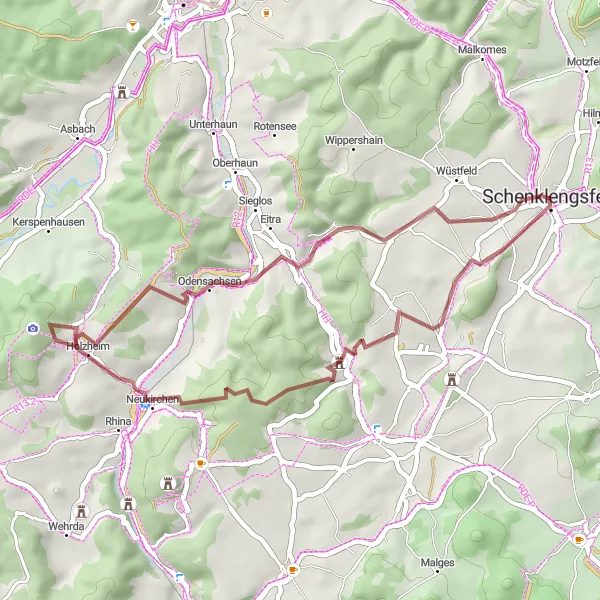 Map miniature of "Buchenau Gravel Adventure" cycling inspiration in Kassel, Germany. Generated by Tarmacs.app cycling route planner