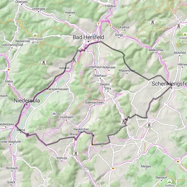 Map miniature of "Wetzlos Loop" cycling inspiration in Kassel, Germany. Generated by Tarmacs.app cycling route planner