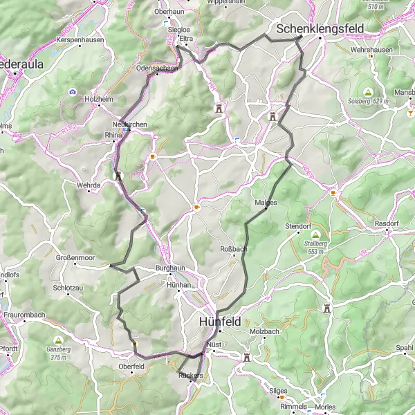 Karten-Miniaturansicht der Radinspiration "Hübsche Hügelrunde durchs Land" in Kassel, Germany. Erstellt vom Tarmacs.app-Routenplaner für Radtouren