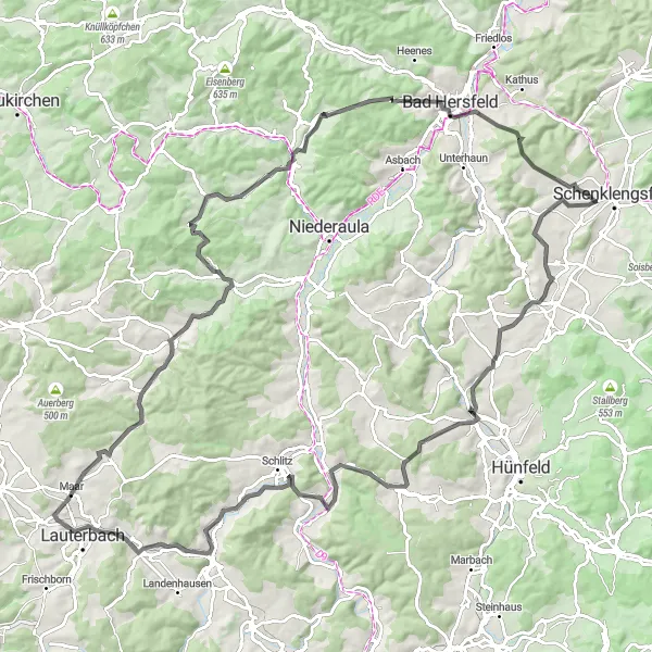 Map miniature of "Villages of Fulda: Hill Country Tour" cycling inspiration in Kassel, Germany. Generated by Tarmacs.app cycling route planner