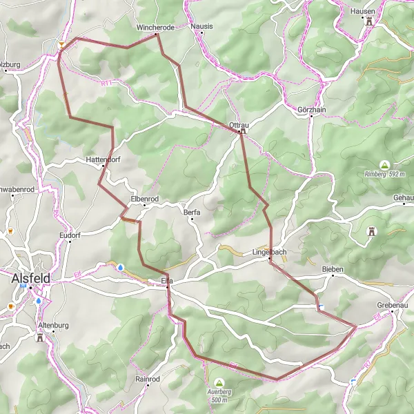 Map miniature of "Gravel Adventure from Schrecksbach" cycling inspiration in Kassel, Germany. Generated by Tarmacs.app cycling route planner