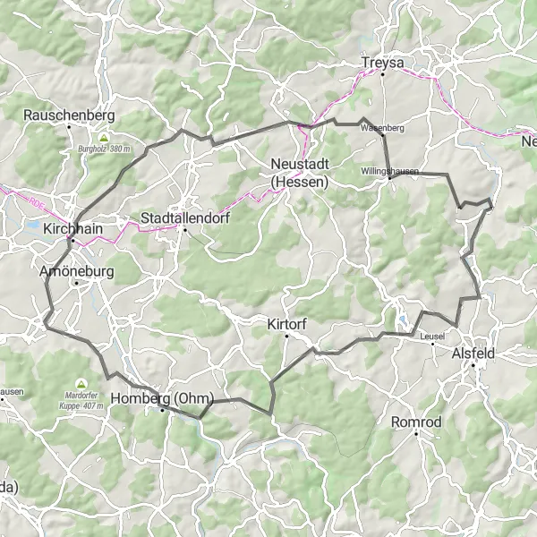 Map miniature of "Road Cycling Tour via Kirchhain" cycling inspiration in Kassel, Germany. Generated by Tarmacs.app cycling route planner