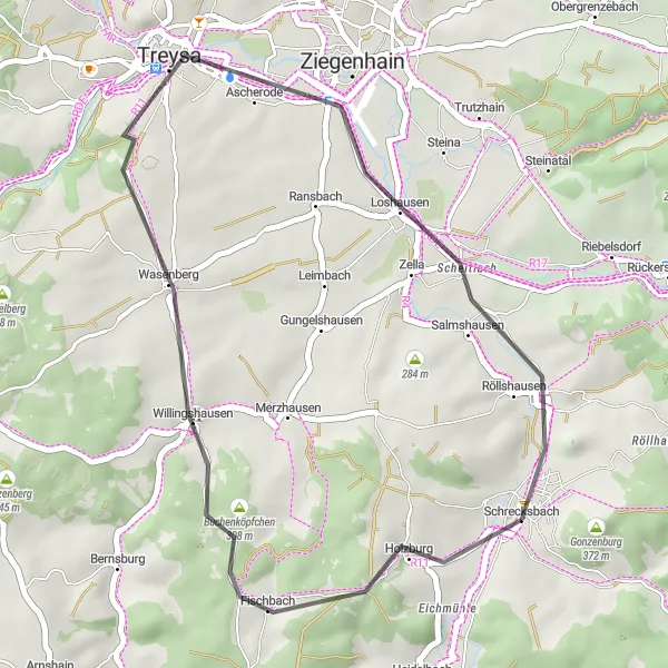 Map miniature of "Hückersberg Road Adventure" cycling inspiration in Kassel, Germany. Generated by Tarmacs.app cycling route planner