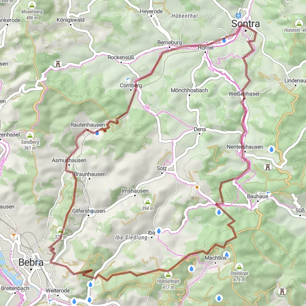 Map miniature of "Hills and Castles Gravel Route" cycling inspiration in Kassel, Germany. Generated by Tarmacs.app cycling route planner