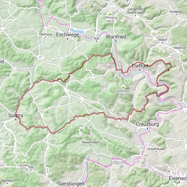 Karten-Miniaturansicht der Radinspiration "Gravelabenteuer um Sontra" in Kassel, Germany. Erstellt vom Tarmacs.app-Routenplaner für Radtouren