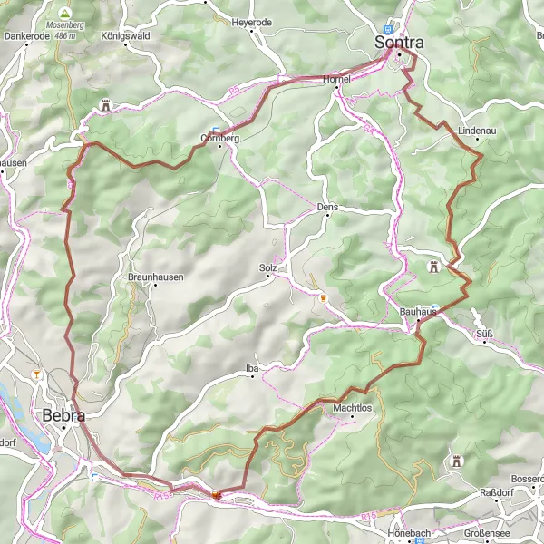 Map miniature of "Nature's Gravel Trail" cycling inspiration in Kassel, Germany. Generated by Tarmacs.app cycling route planner