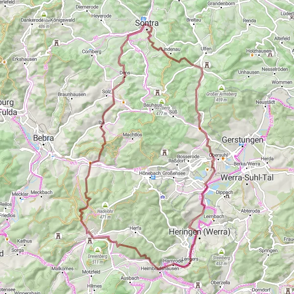 Karten-Miniaturansicht der Radinspiration "Geheimnisvolle Gravelstrecke um Sontra" in Kassel, Germany. Erstellt vom Tarmacs.app-Routenplaner für Radtouren