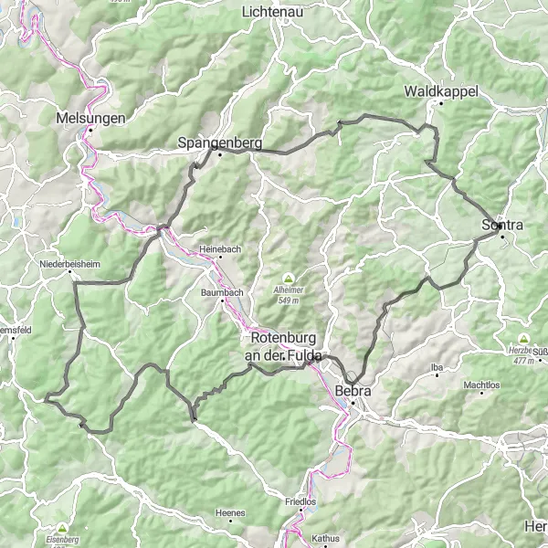 Map miniature of "Challenging Road Adventure" cycling inspiration in Kassel, Germany. Generated by Tarmacs.app cycling route planner