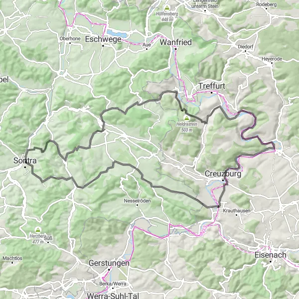 Karten-Miniaturansicht der Radinspiration "Radtour durch grüne Landschaften um Sontra" in Kassel, Germany. Erstellt vom Tarmacs.app-Routenplaner für Radtouren