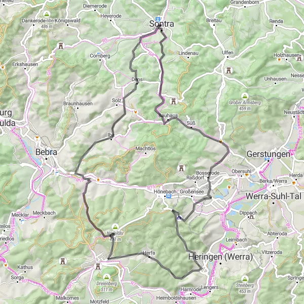 Karten-Miniaturansicht der Radinspiration "Rundfahrt um Sontra und Umgebung" in Kassel, Germany. Erstellt vom Tarmacs.app-Routenplaner für Radtouren