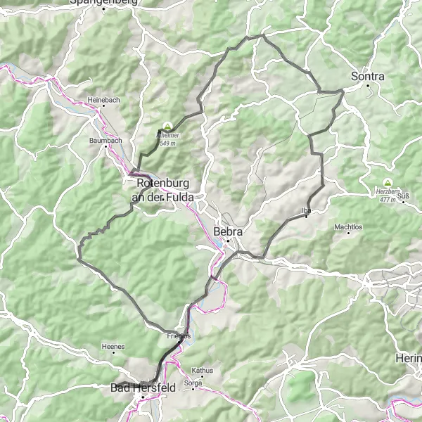 Map miniature of "The Mountain Pass Roadtrip" cycling inspiration in Kassel, Germany. Generated by Tarmacs.app cycling route planner