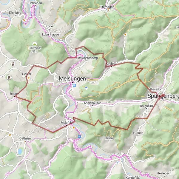 Map miniature of "Gravel Adventure near Spangenberg" cycling inspiration in Kassel, Germany. Generated by Tarmacs.app cycling route planner