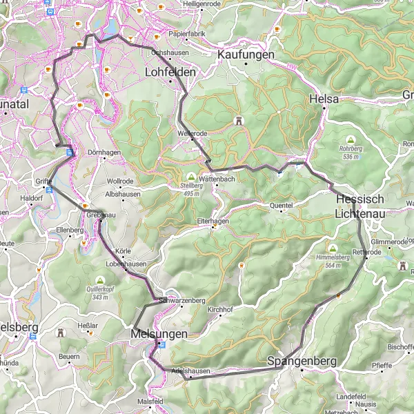 Map miniature of "Spangenberg Road Cycling Loop" cycling inspiration in Kassel, Germany. Generated by Tarmacs.app cycling route planner