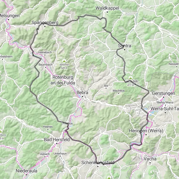 Map miniature of "Scenic Heartland Route" cycling inspiration in Kassel, Germany. Generated by Tarmacs.app cycling route planner