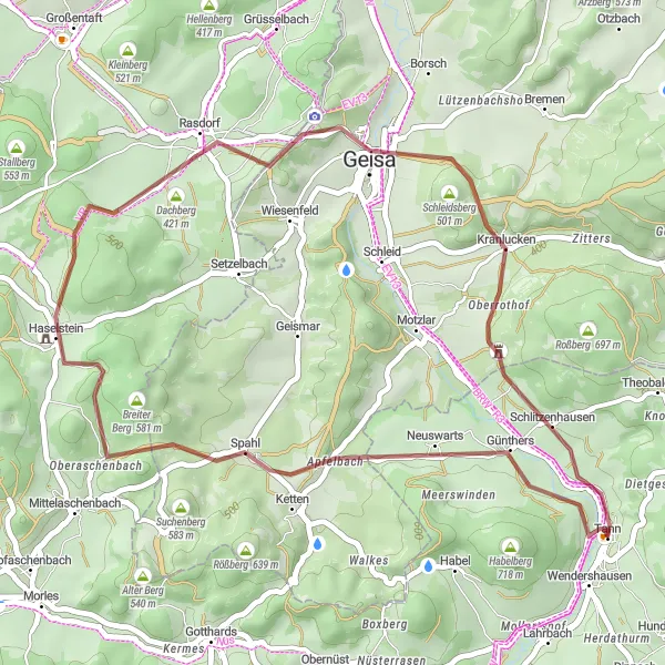 Map miniature of "Scenic gravel tour with views" cycling inspiration in Kassel, Germany. Generated by Tarmacs.app cycling route planner