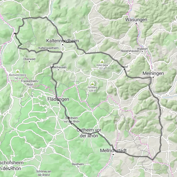 Map miniature of "Rural Rhön" cycling inspiration in Kassel, Germany. Generated by Tarmacs.app cycling route planner