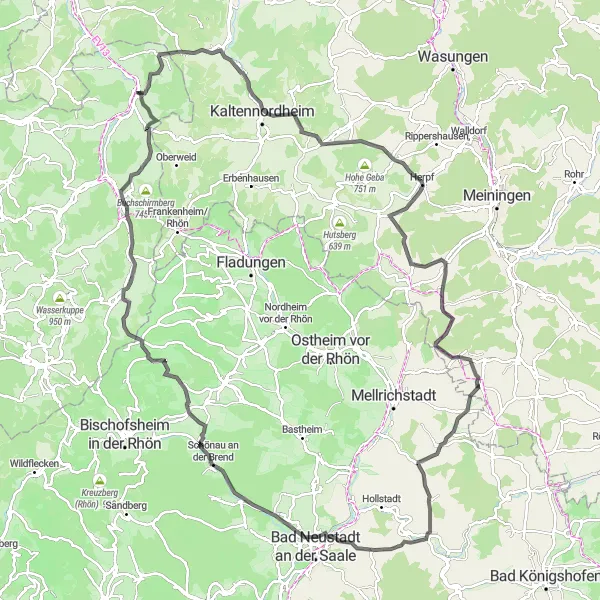 Karten-Miniaturansicht der Radinspiration "Entdecke die kulturellen Schätze und spektakulären Landschaften der Rhön auf Asphaltstraßen" in Kassel, Germany. Erstellt vom Tarmacs.app-Routenplaner für Radtouren