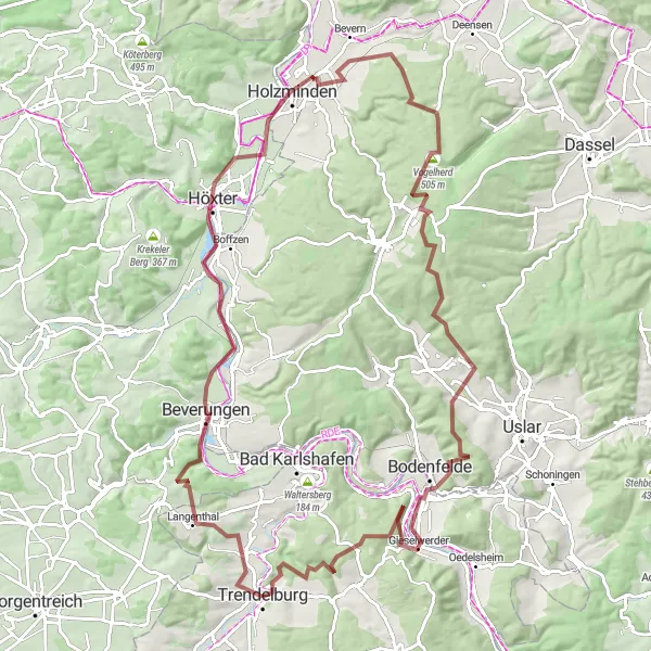 Map miniature of "Beverungen Nature Trail" cycling inspiration in Kassel, Germany. Generated by Tarmacs.app cycling route planner