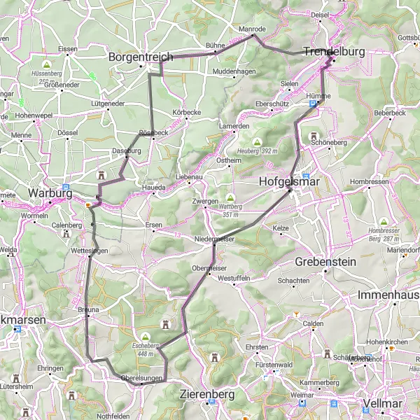 Karten-Miniaturansicht der Radinspiration "Panorama der Kasselischen Berge" in Kassel, Germany. Erstellt vom Tarmacs.app-Routenplaner für Radtouren