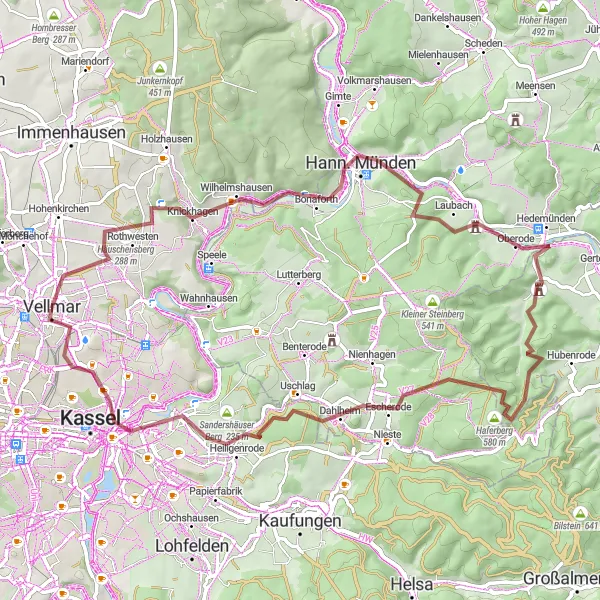 Map miniature of "Steinkopf Gravel Adventure" cycling inspiration in Kassel, Germany. Generated by Tarmacs.app cycling route planner