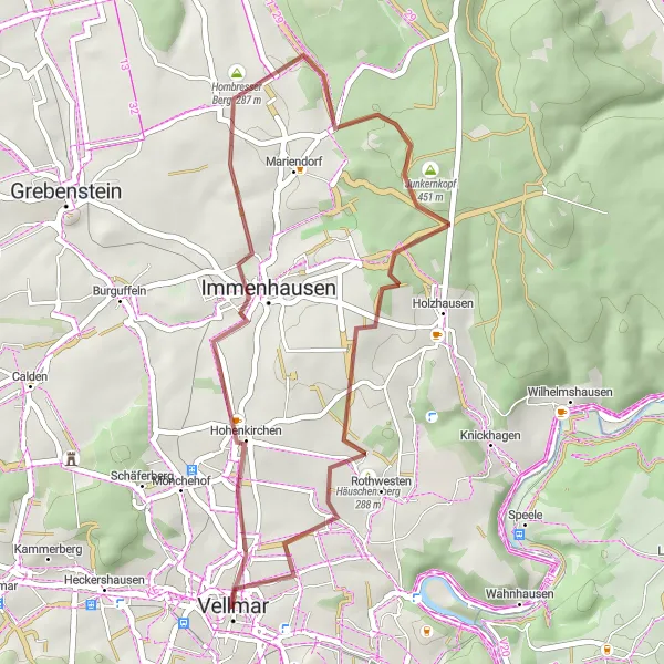 Map miniature of "Espe Rast and Leutenhäuser Berg Gravel Route" cycling inspiration in Kassel, Germany. Generated by Tarmacs.app cycling route planner