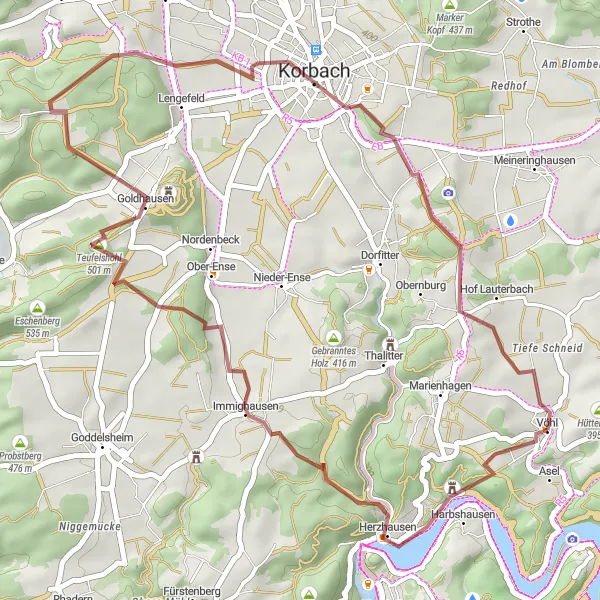 Map miniature of "Vöhl Gravel Trail" cycling inspiration in Kassel, Germany. Generated by Tarmacs.app cycling route planner
