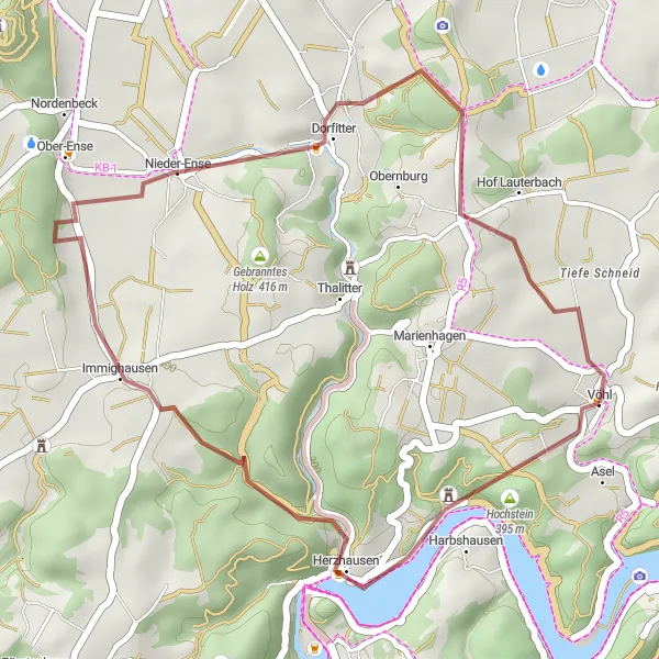 Map miniature of "Vöhl Short Gravel Escape" cycling inspiration in Kassel, Germany. Generated by Tarmacs.app cycling route planner