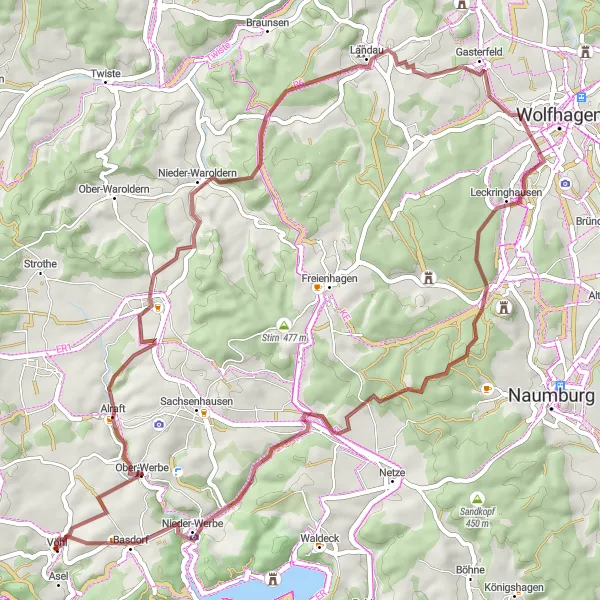 Map miniature of "Vöhl Gravel Adventure" cycling inspiration in Kassel, Germany. Generated by Tarmacs.app cycling route planner