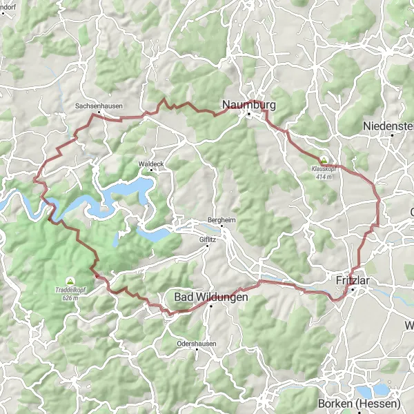 Map miniature of "Rabenkopf-Asel Gravel Adventure" cycling inspiration in Kassel, Germany. Generated by Tarmacs.app cycling route planner