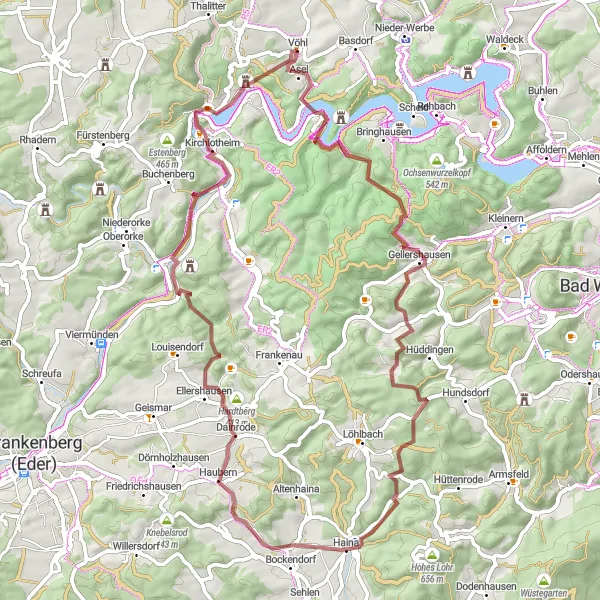 Map miniature of "Haina-Hochstein Gravel Adventure" cycling inspiration in Kassel, Germany. Generated by Tarmacs.app cycling route planner