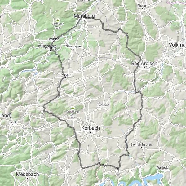 Map miniature of "Vöhl Challenging Road Adventure" cycling inspiration in Kassel, Germany. Generated by Tarmacs.app cycling route planner