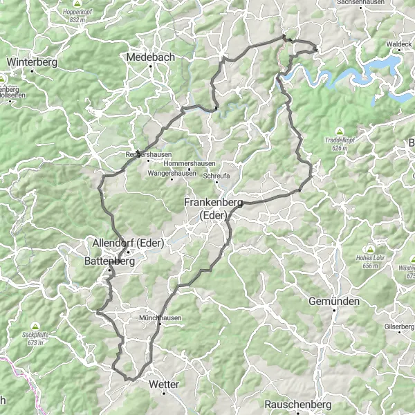 Karten-Miniaturansicht der Radinspiration "Road-Tour durch Waldeck-Frankenberg" in Kassel, Germany. Erstellt vom Tarmacs.app-Routenplaner für Radtouren