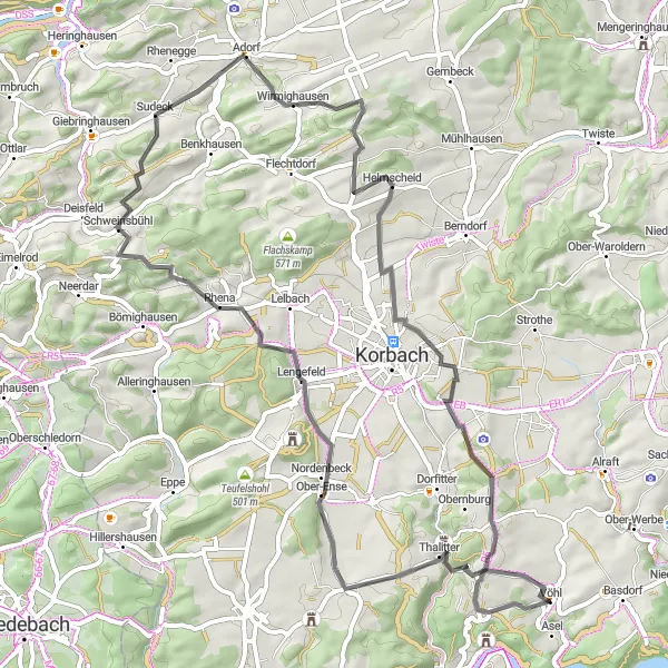 Map miniature of "Immighausen-Dalwigker Warte Route" cycling inspiration in Kassel, Germany. Generated by Tarmacs.app cycling route planner