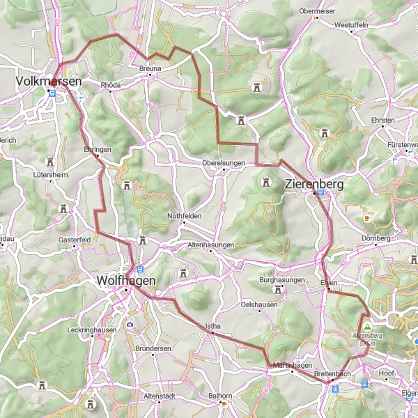 Map miniature of "Gravel Adventures" cycling inspiration in Kassel, Germany. Generated by Tarmacs.app cycling route planner