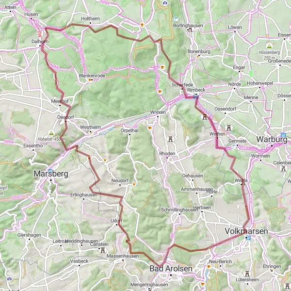 Map miniature of "Exploring Gravel Paths" cycling inspiration in Kassel, Germany. Generated by Tarmacs.app cycling route planner