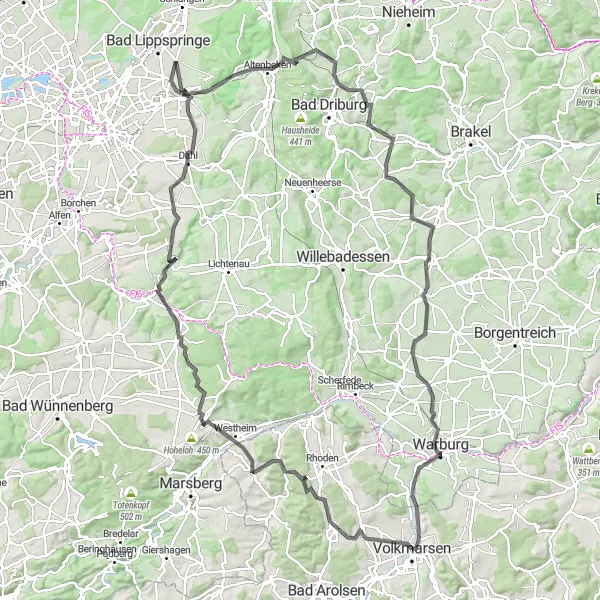 Map miniature of "Towering Landscapes" cycling inspiration in Kassel, Germany. Generated by Tarmacs.app cycling route planner