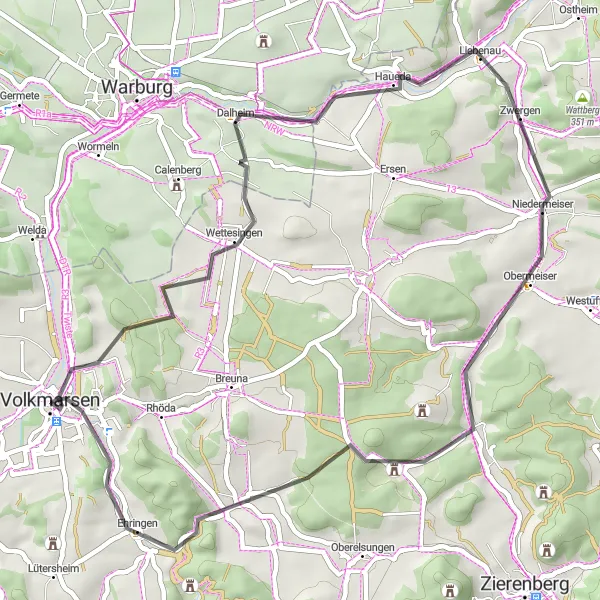 Map miniature of "The Hoher Steiger Loop" cycling inspiration in Kassel, Germany. Generated by Tarmacs.app cycling route planner