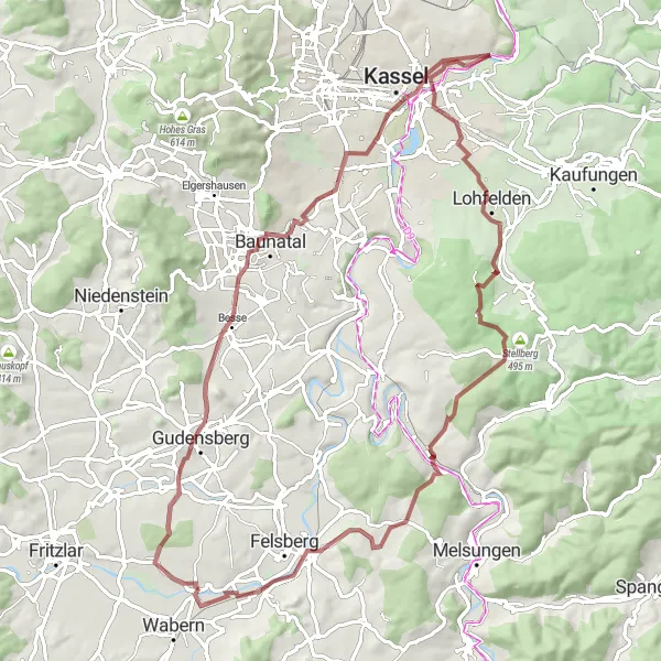 Map miniature of "Niedermöllrich Gravel Loop" cycling inspiration in Kassel, Germany. Generated by Tarmacs.app cycling route planner