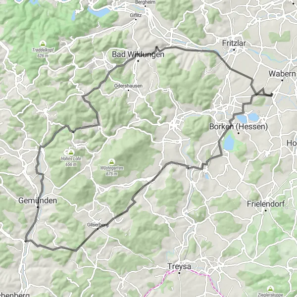 Map miniature of "Scenic Road Tour: From Dosenberg to Udenborn" cycling inspiration in Kassel, Germany. Generated by Tarmacs.app cycling route planner