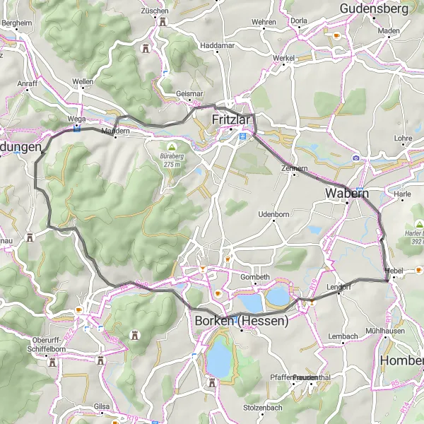 Map miniature of "Exploring the Countryside: Wabern Adventure" cycling inspiration in Kassel, Germany. Generated by Tarmacs.app cycling route planner