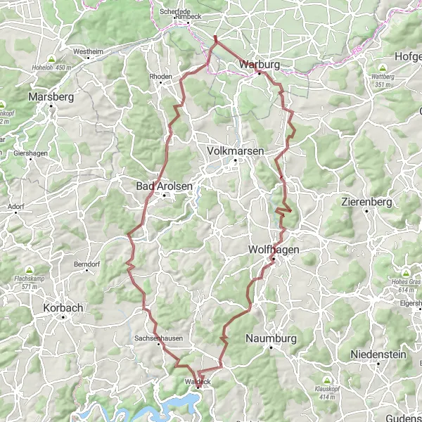 Map miniature of "Waldeck and Mengeringhausen Gravel Adventure" cycling inspiration in Kassel, Germany. Generated by Tarmacs.app cycling route planner