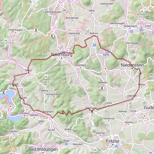 Map miniature of "Countryside Escape" cycling inspiration in Kassel, Germany. Generated by Tarmacs.app cycling route planner