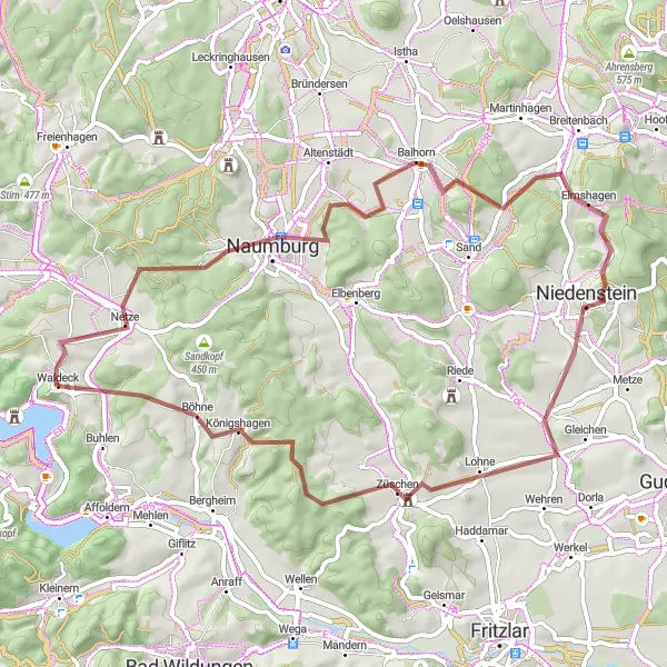 Map miniature of "Winding Gravel Trails" cycling inspiration in Kassel, Germany. Generated by Tarmacs.app cycling route planner